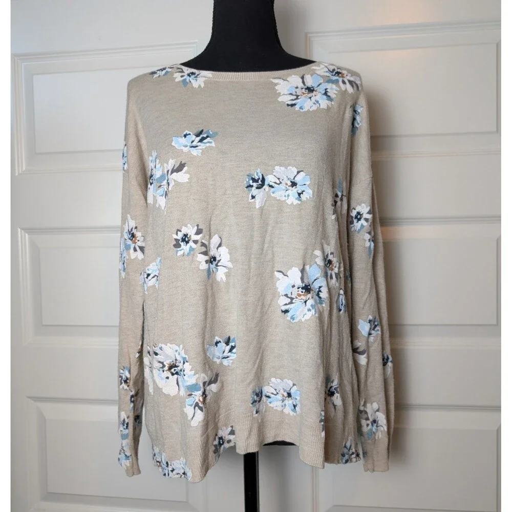 Joie Size M Sweater Eloisa Floral Print Knit Oatmeal Wool Blend Soft Casual